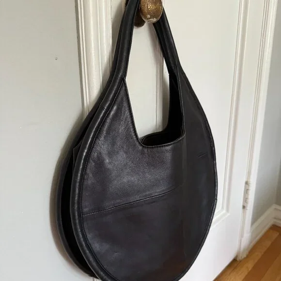 ANTHROPOLOGIE Black Julien Sheepskin Leather Bag Round Circle Handbag Tote - Picture 2 of 3